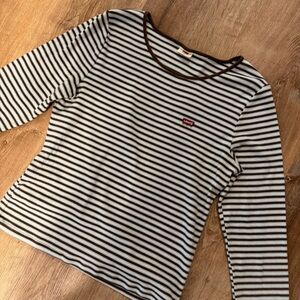 Levi's Striped Ribbed Long Sleeve Baby Tee XL Brown Blue 90s Style